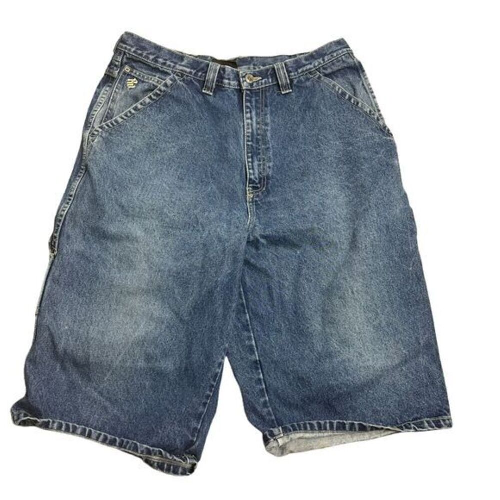 Vintage Rocawear Shorts Men 36 Medium Wash‎ Blue Denim Logo Baggy Hip Hop Y2K